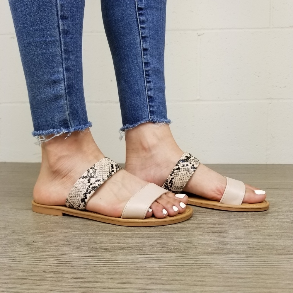 Nude Python Snake Print two Strap Flat Sandal - Picture 5 of 8